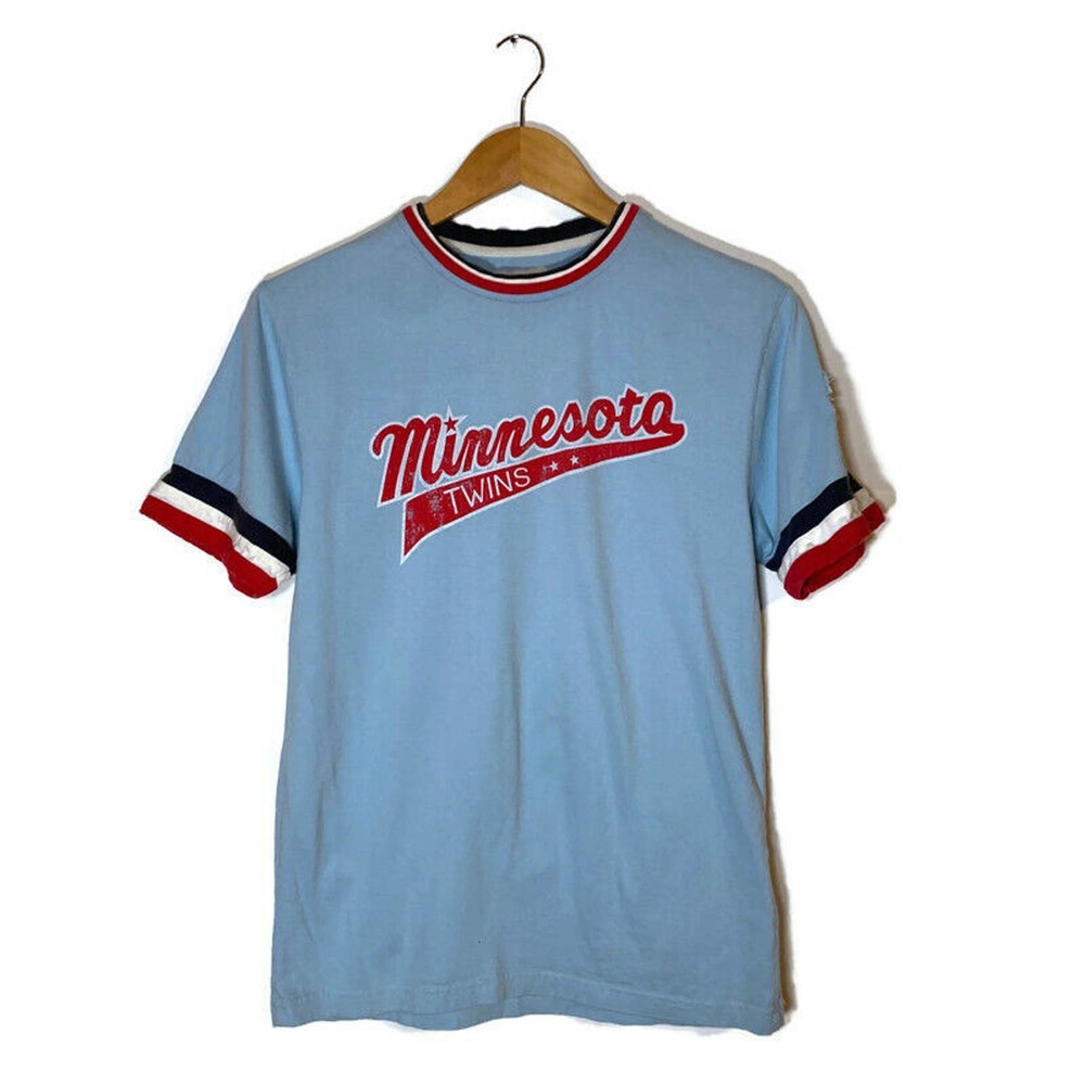 Minnesota Twins Ringer T-Shirt Womens Small Tee 100% Cotton Blue Distress